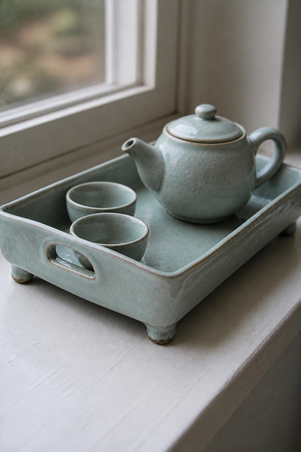 Sage green ceramic teapot with cups on matching tray by white windowsill