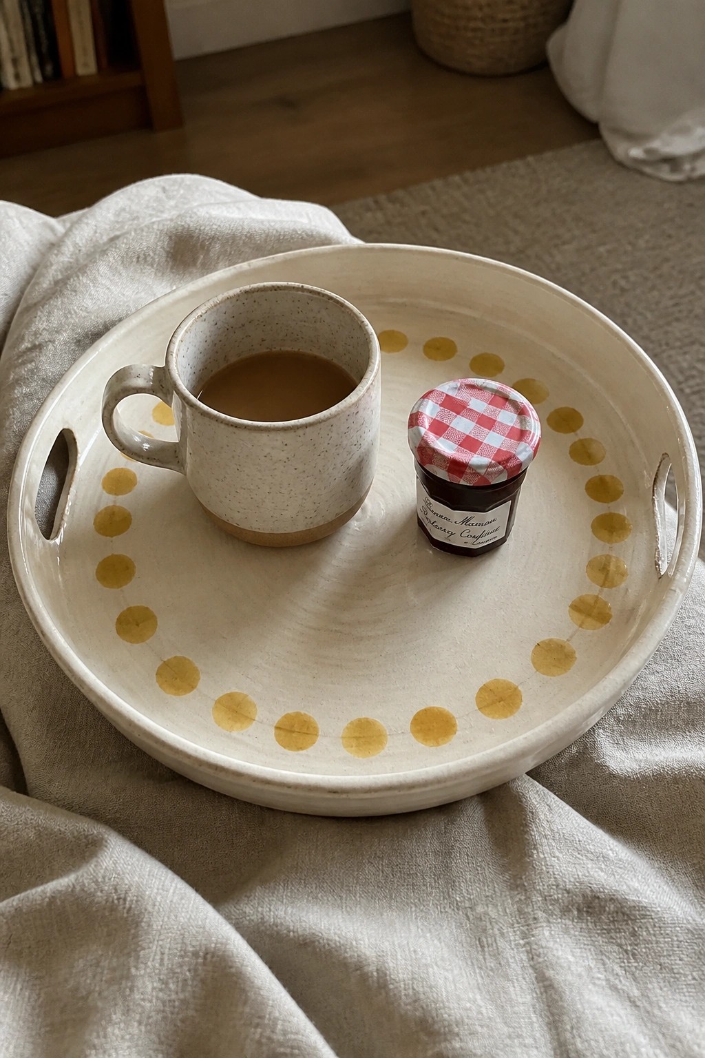 Round tray with gold dots holding coffee mug and jam jar on white cloth