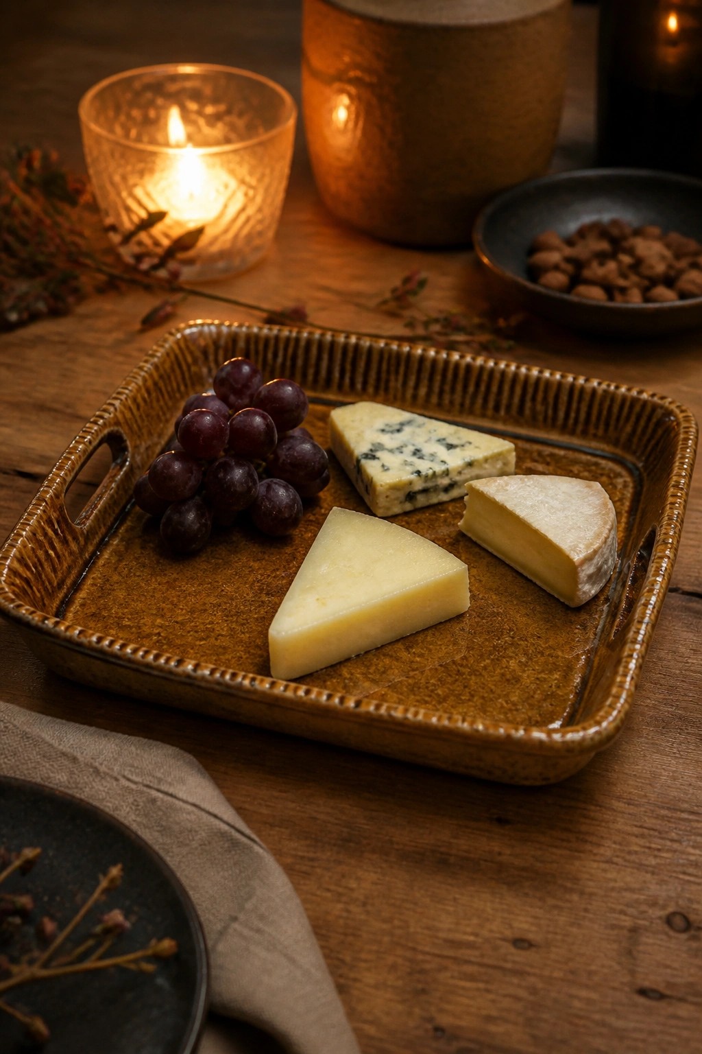 Cheese wedges, grapes, and blue cheese on brown ceramic tray with candlelight