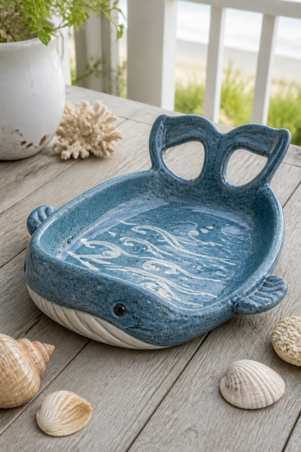 Blue ceramic whale tray with wave designs on wooden table amid seashells