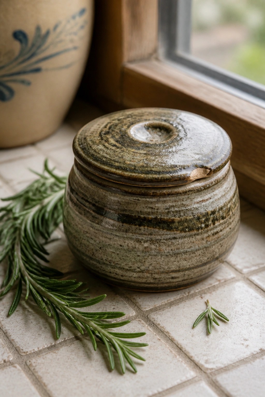 Rustic ceramic jar with lid beside rosemary sprigs on tiled windowsill