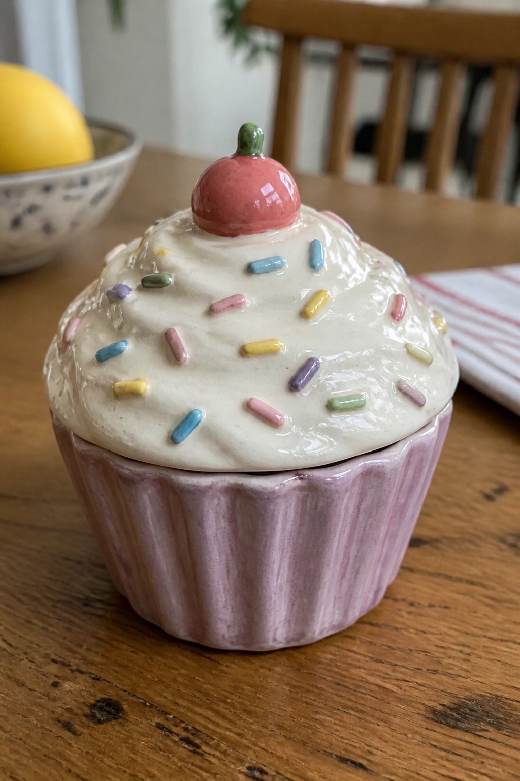 Ceramic cupcake jar with purple base, white icing, colorful sprinkles and cherry on wooden table