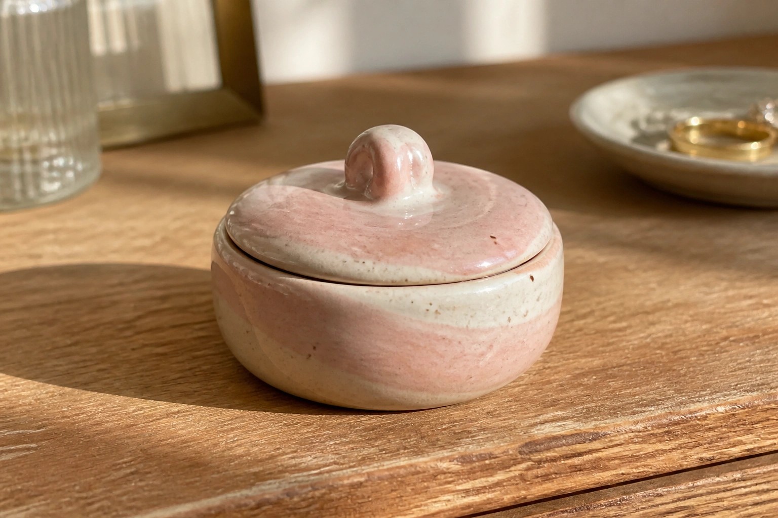 Small ceramic lidded jar with pink-swirled white glaze on wooden table