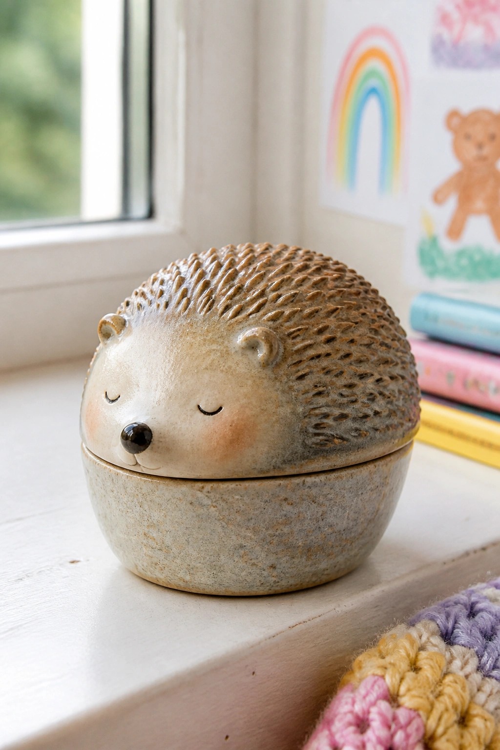 Ceramic hedgehog trinket box on windowsill with rainbow drawing and books nearby