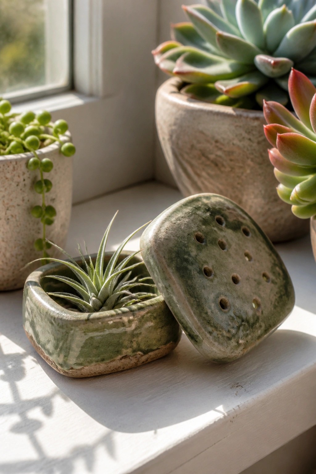 Green ceramic pots with succulents and air plant on sunlit windowsill