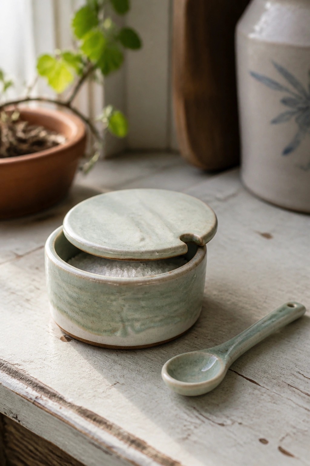 Green ceramic salt cellar with lid ajar and spoon on white wood table