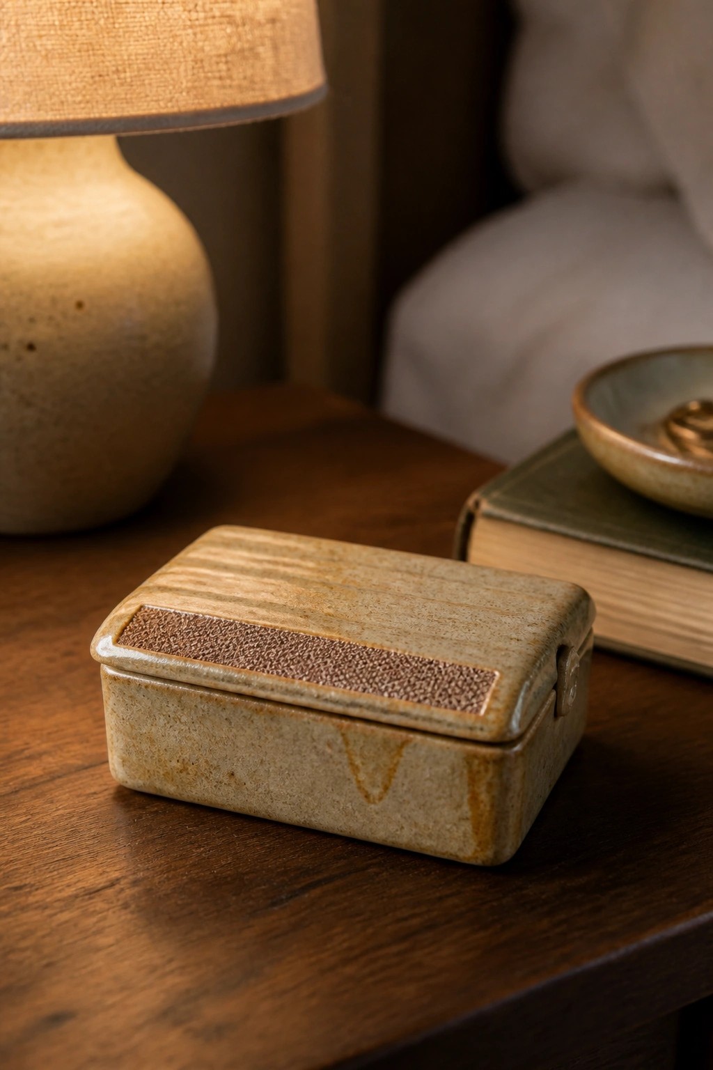 Ceramic lidded box with striped top on wooden table beside lamp and book