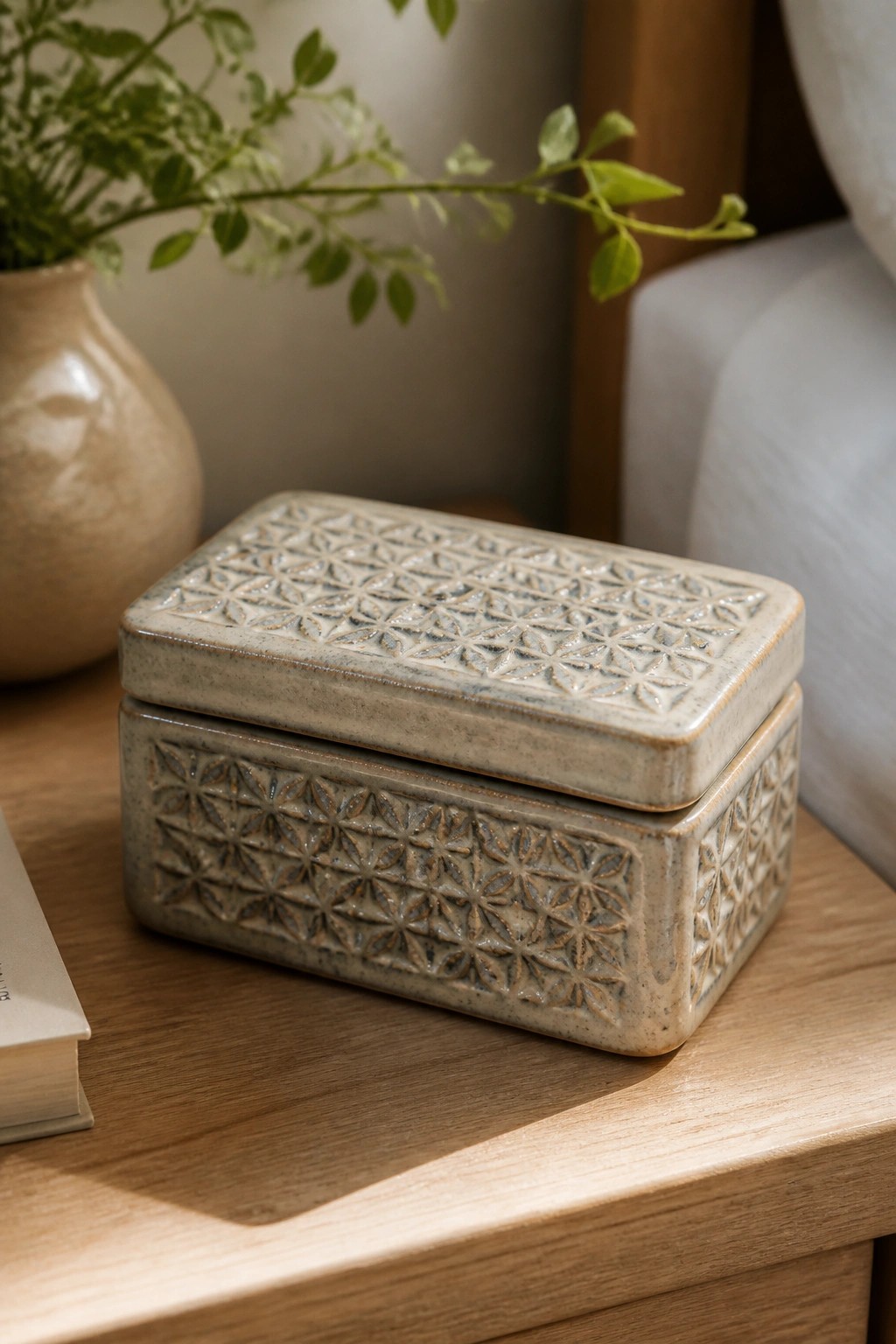 Ceramic box with embossed geometric patterns on wooden table near plant vase