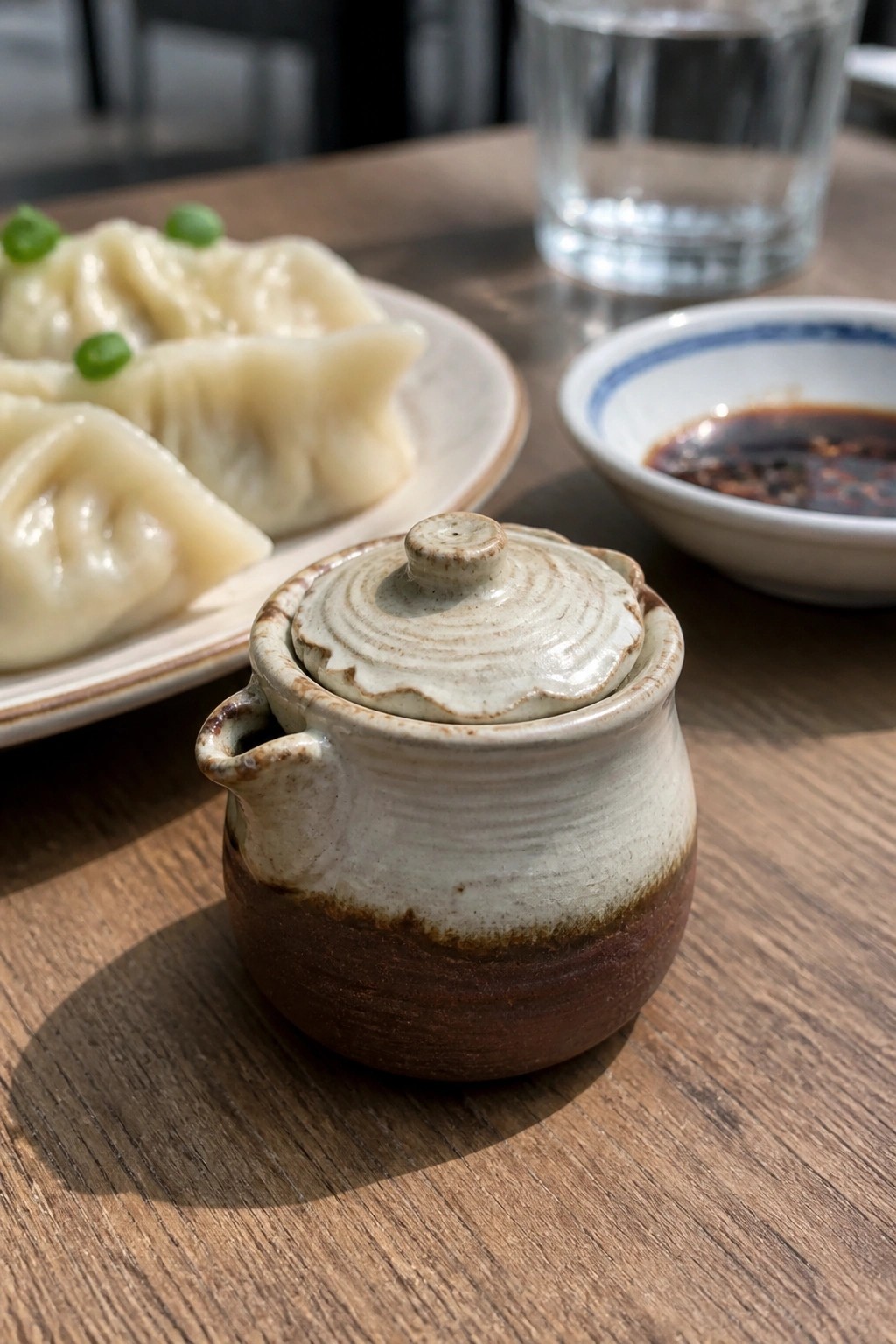Ceramic lidded jar beside dumplings plate and sauce bowl on wooden table