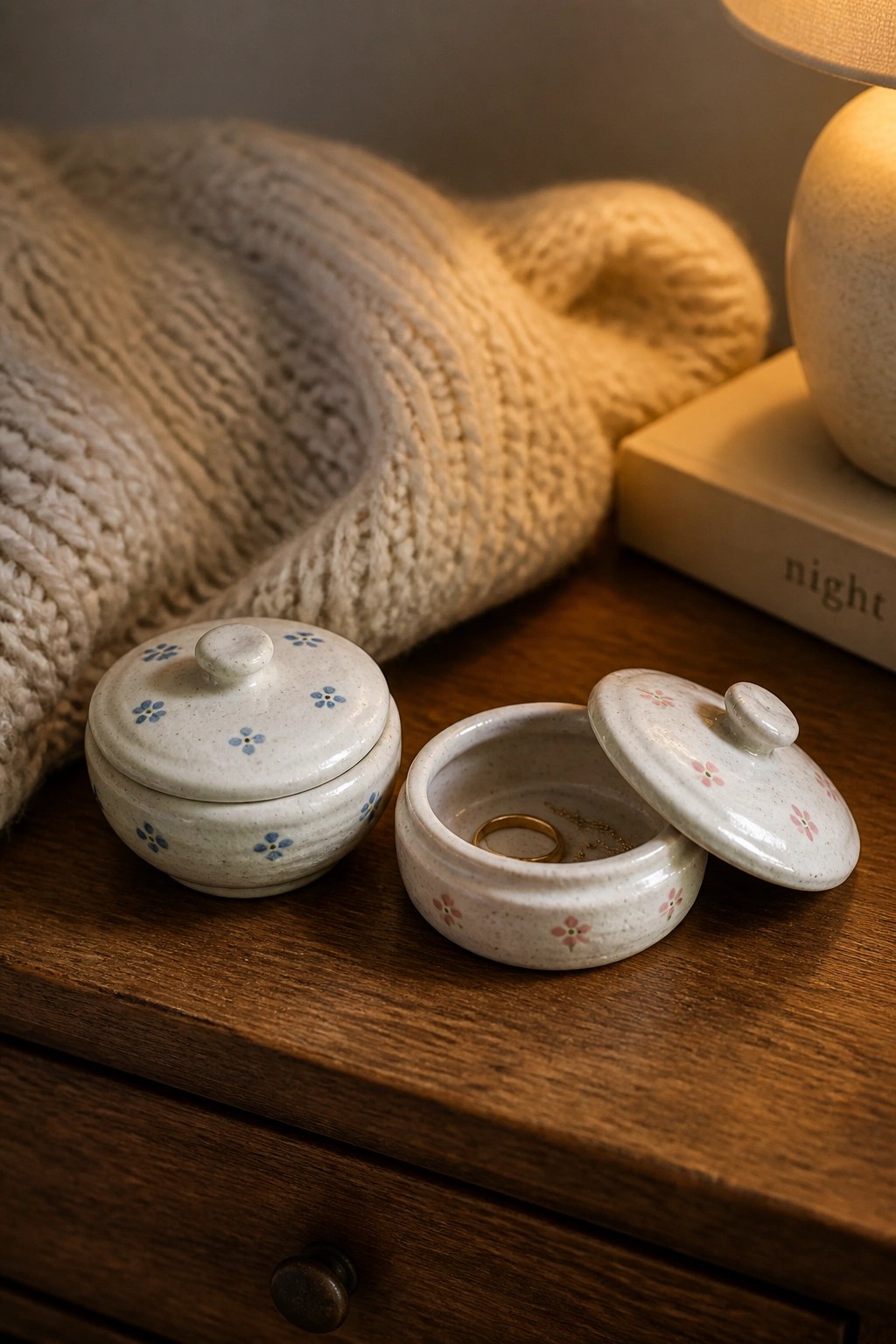 Two floral ceramic jars on wooden table, one open with gold ring beside knit blanket