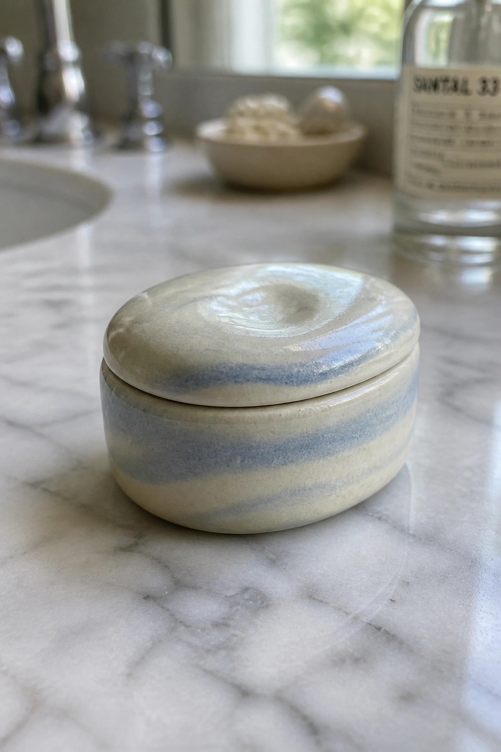 Small round ceramic lidded jar with blue swirls on marble countertop.
