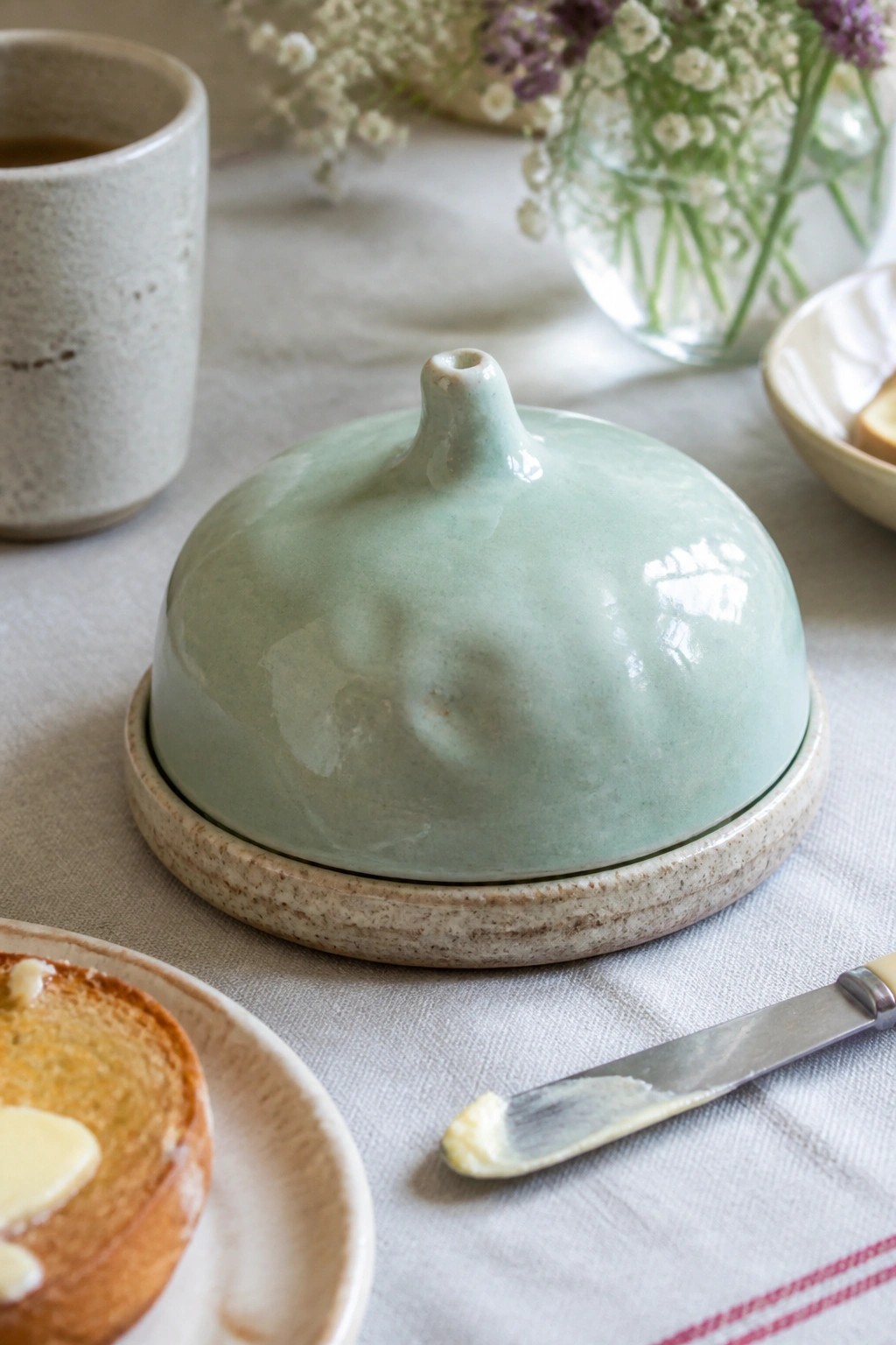 Mint green ceramic butter dish beside toast, knife, and wildflowers on table