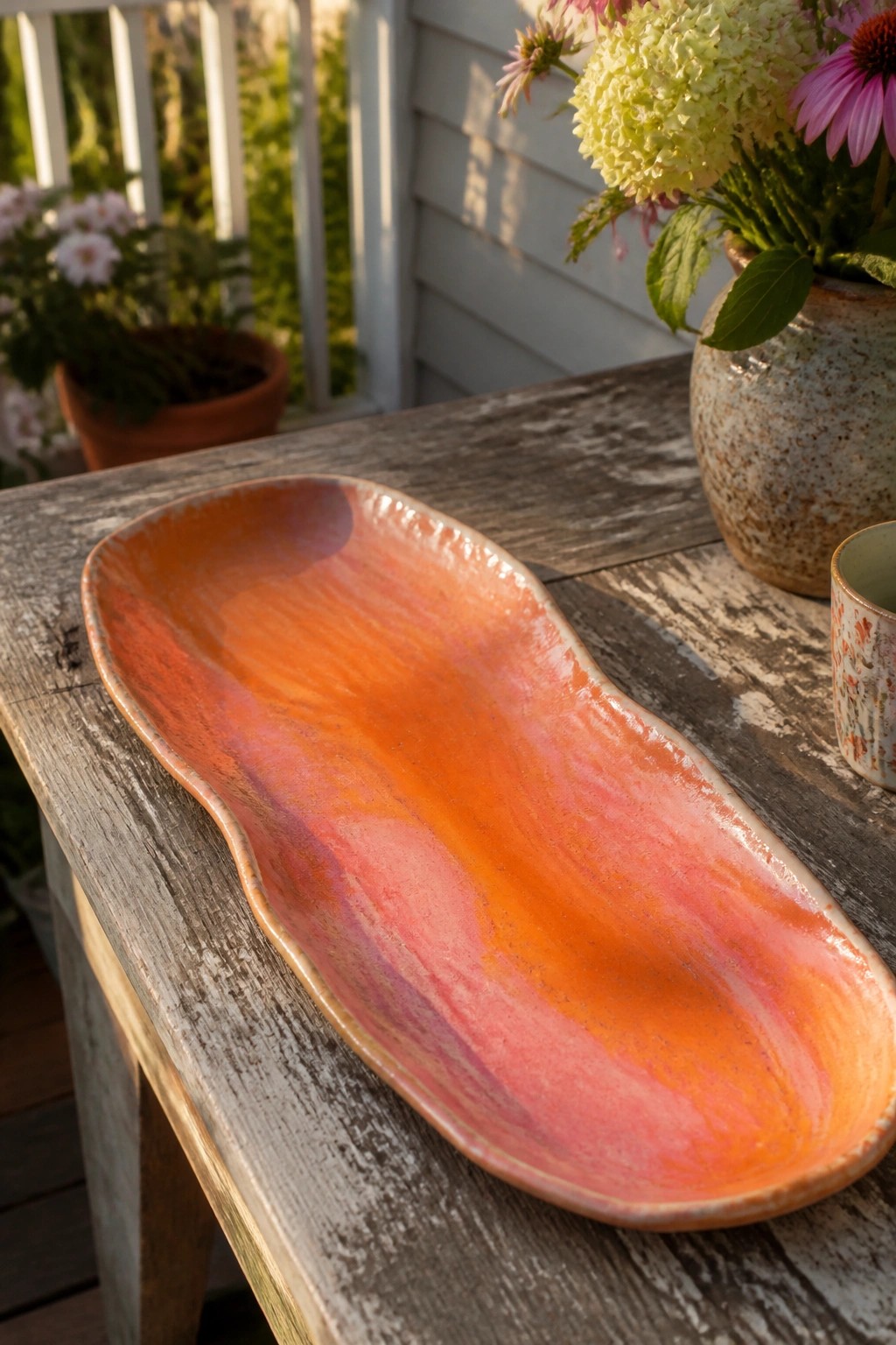 Elongated orange-pink marbled ceramic platter on rustic wooden table with flowers