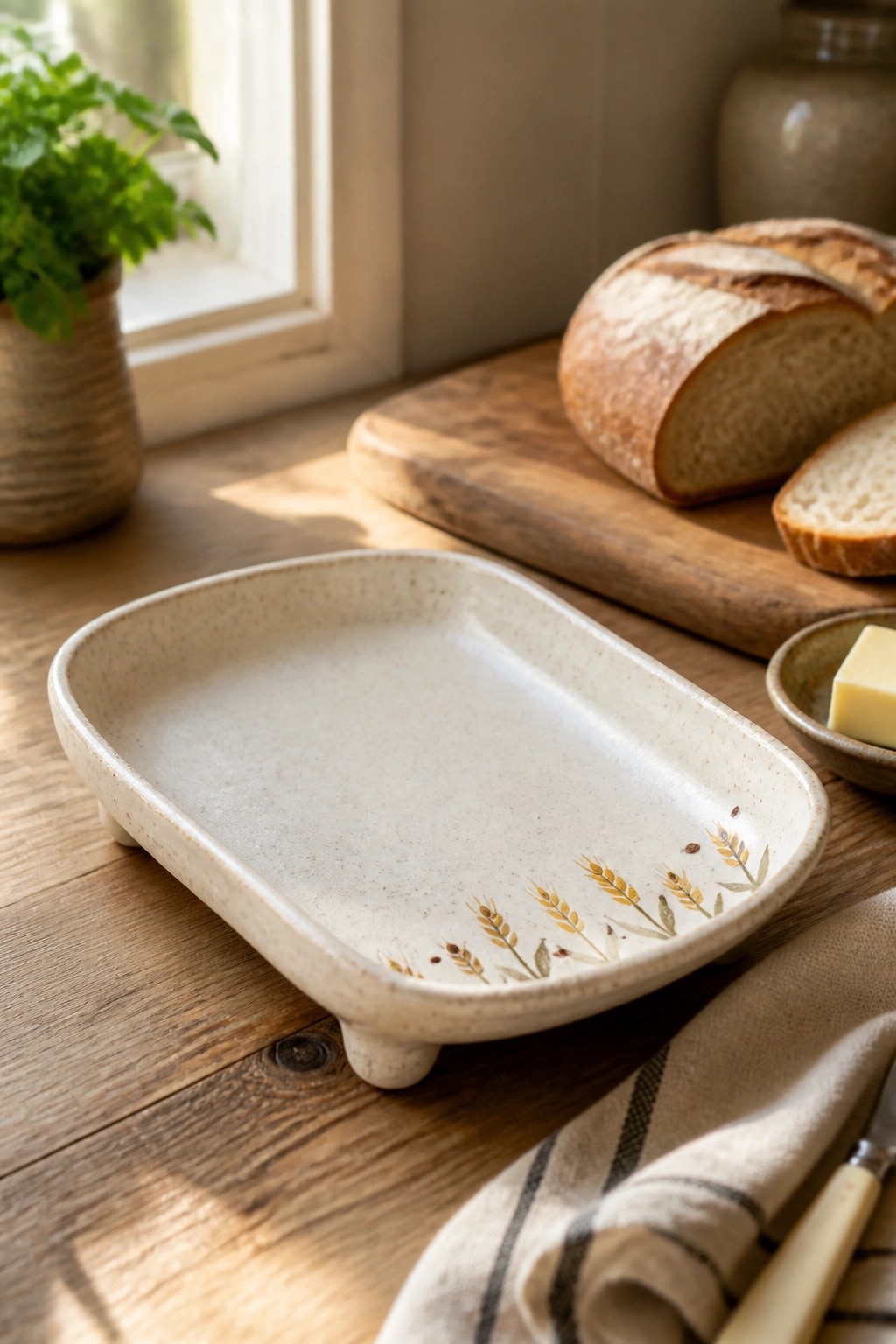 Footed speckled ceramic tray with wheat pattern on wooden counter near bread and butter.