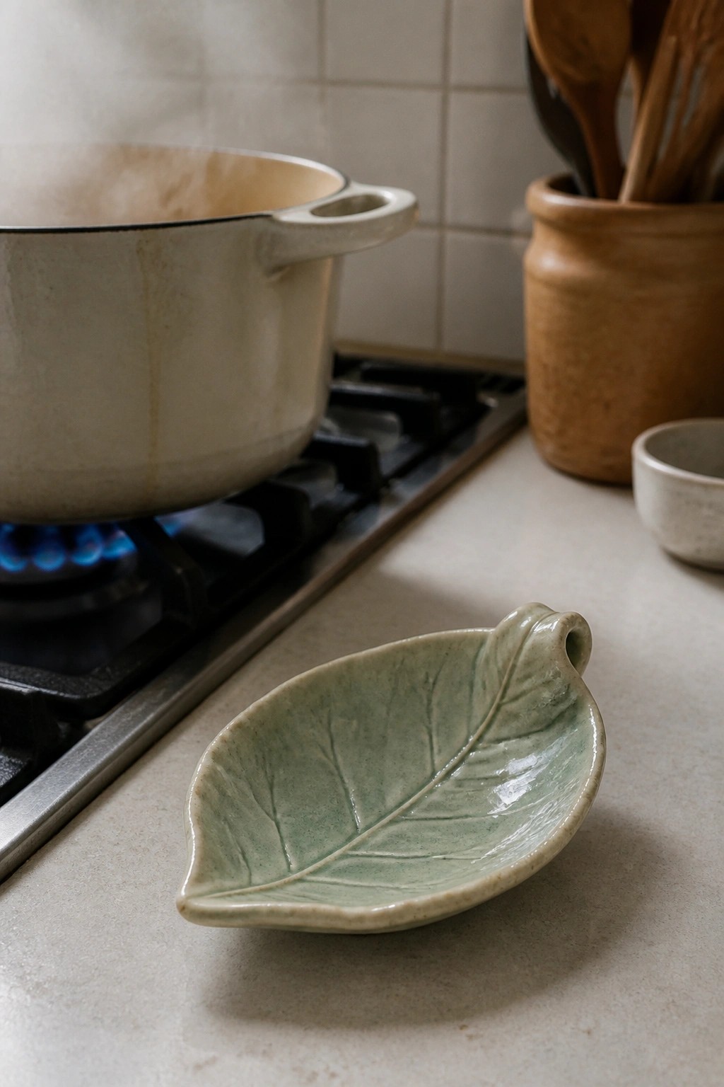 A small green ceramic dish shaped like a leaf with vein details sits on a countertop near a gas stove.
