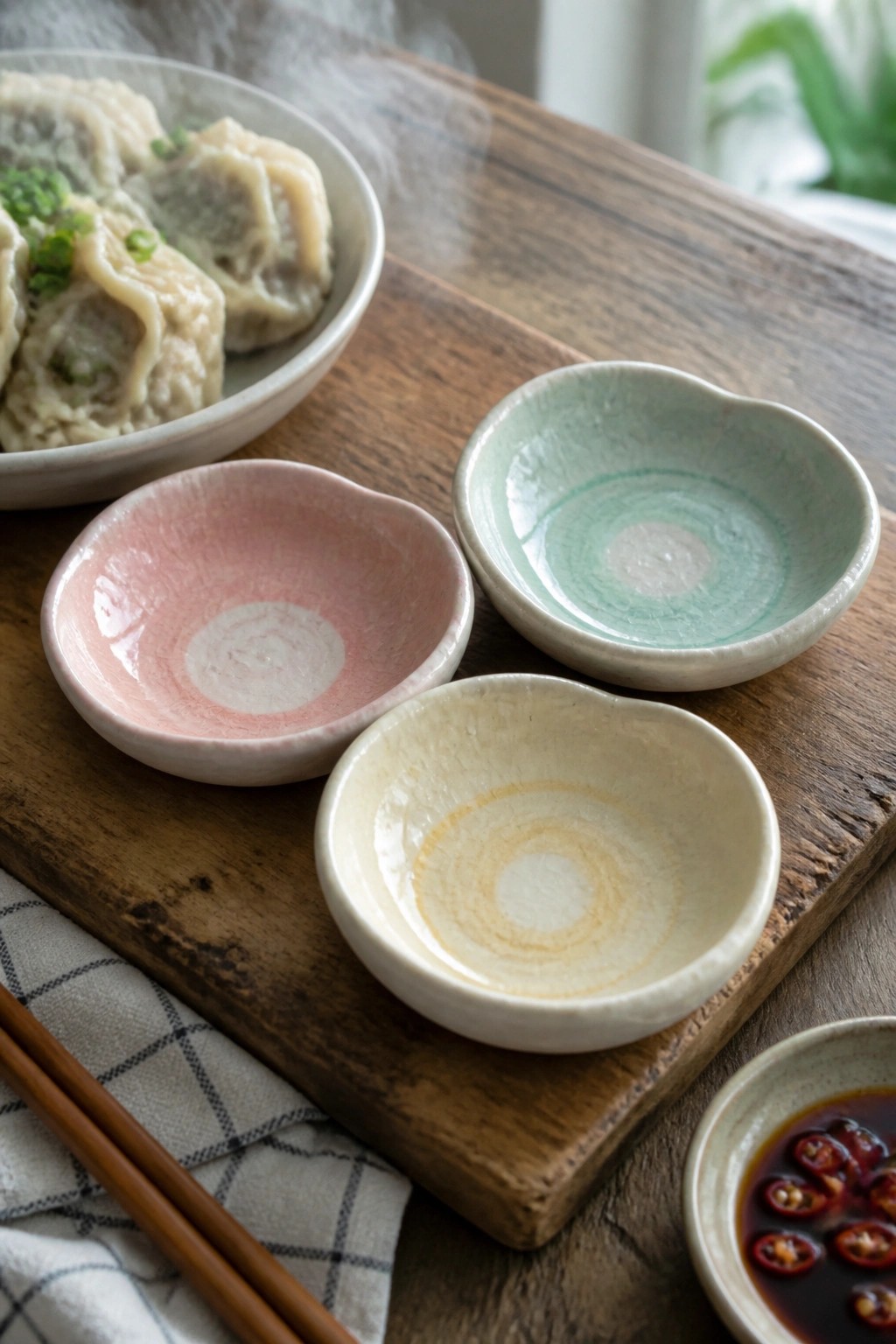 Steaming dumplings beside pink, green, and cream bowls with chili dipping sauce.