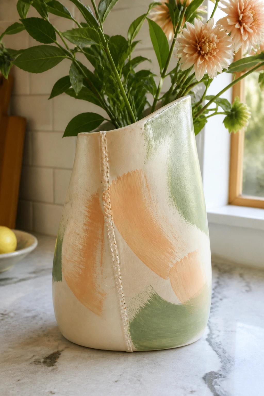 Abstract ceramic vase with green and peach brushstrokes holding dahlias on marble counter