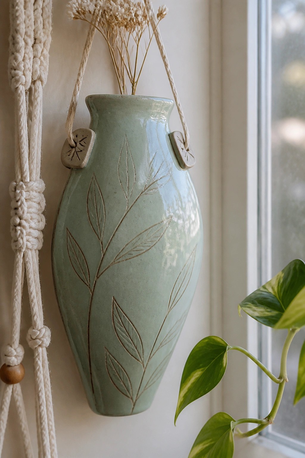 Sage green ceramic vase with leaf engravings hanging by ropes near window and plant