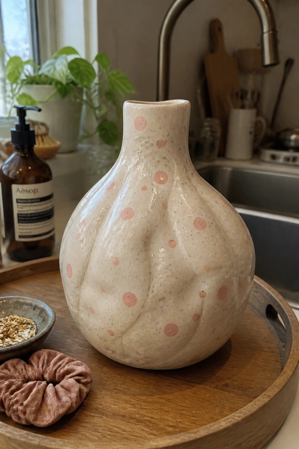 Textured white vase with pink polka dots on wooden kitchen tray beside scrunchie