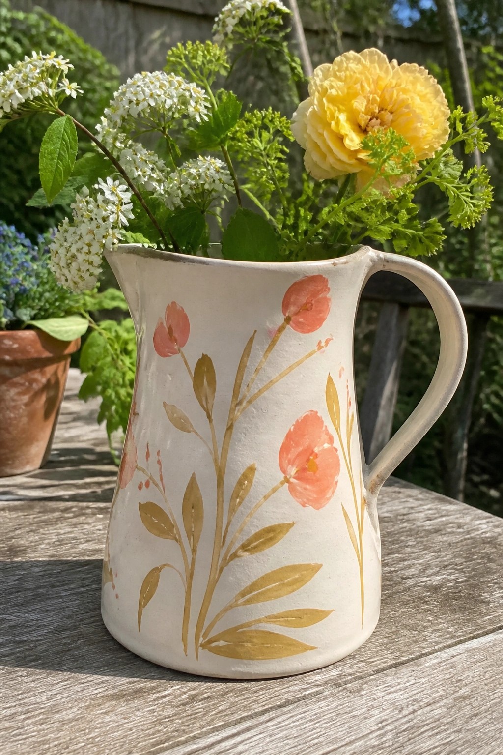 White ceramic pitcher with coral poppies and gold leaves holding yellow rose and white blooms