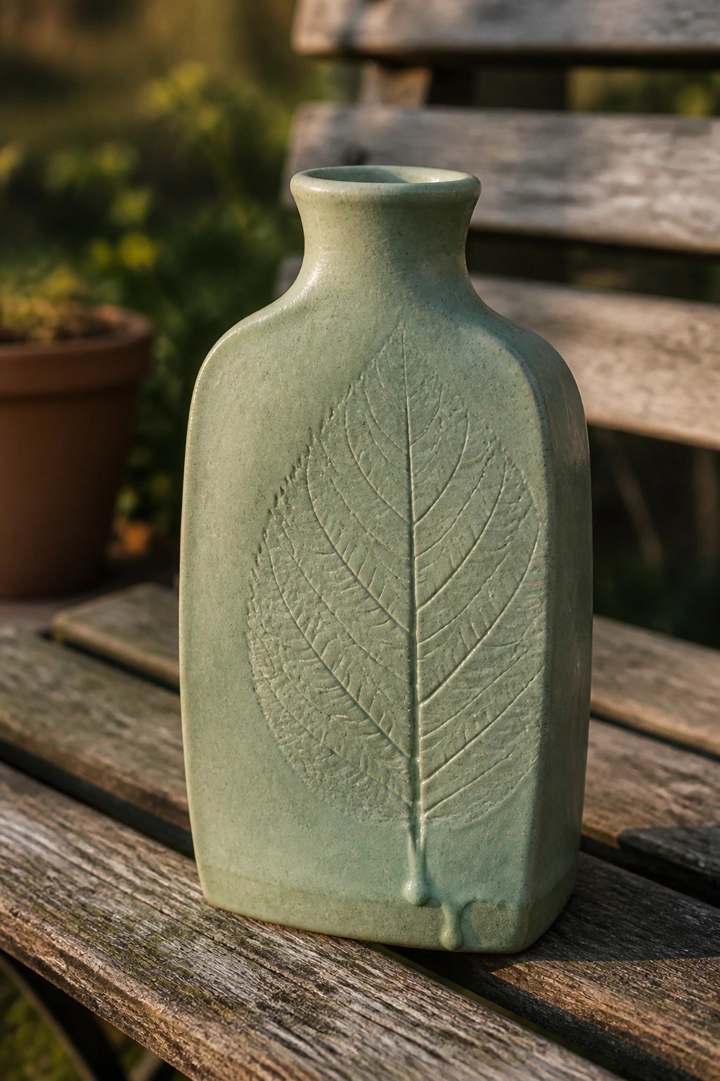 Sage green ceramic vase with embossed leaf on weathered wooden bench outdoors