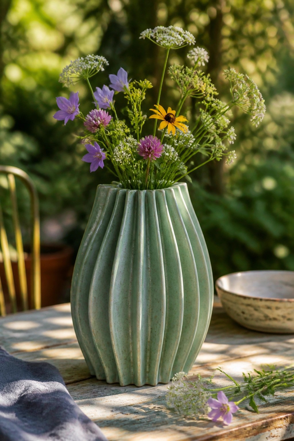 Ribbed green vase with purple pink and white wildflowers on wooden table