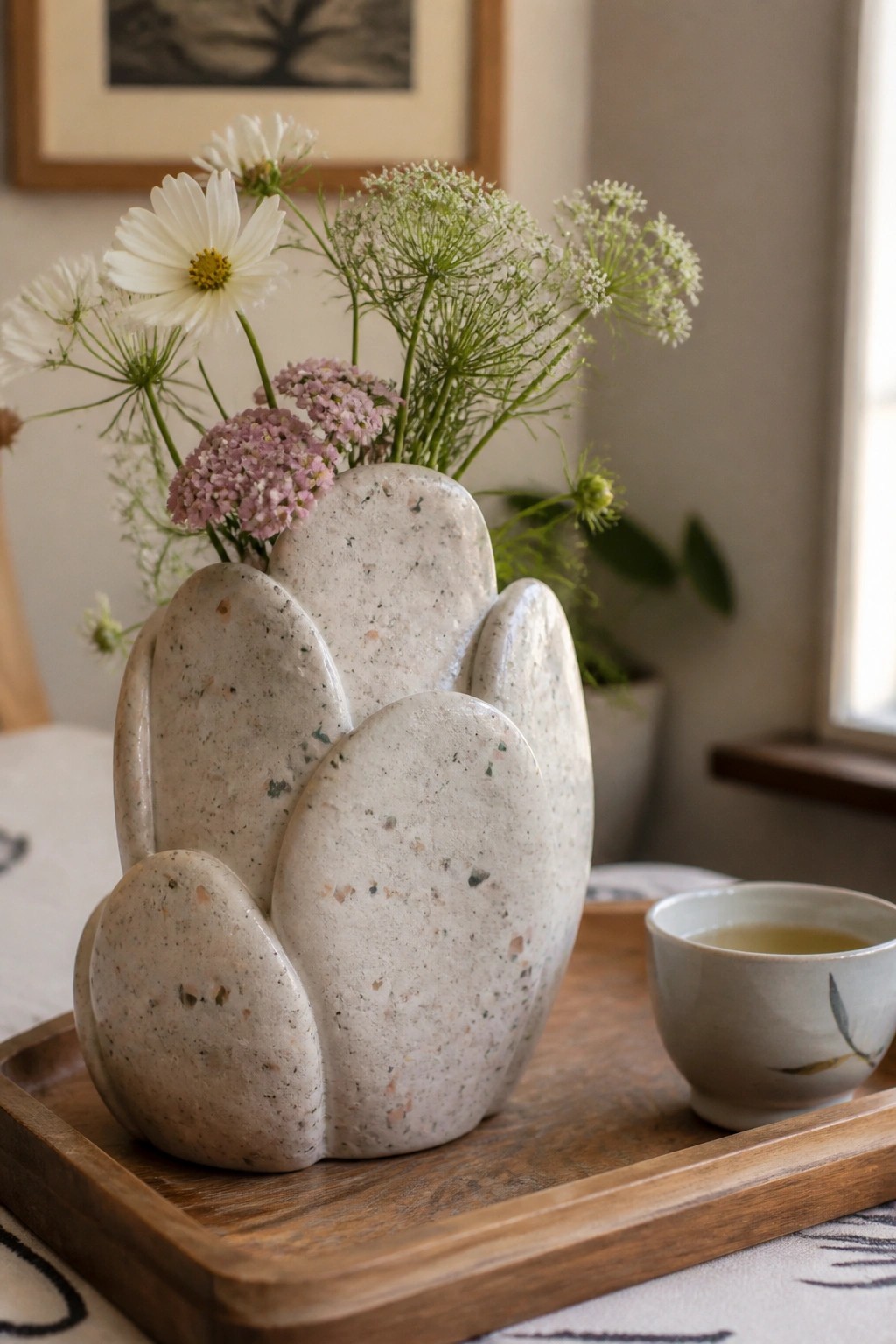 Speckled ceramic vase with wildflowers on wooden tray beside teacup