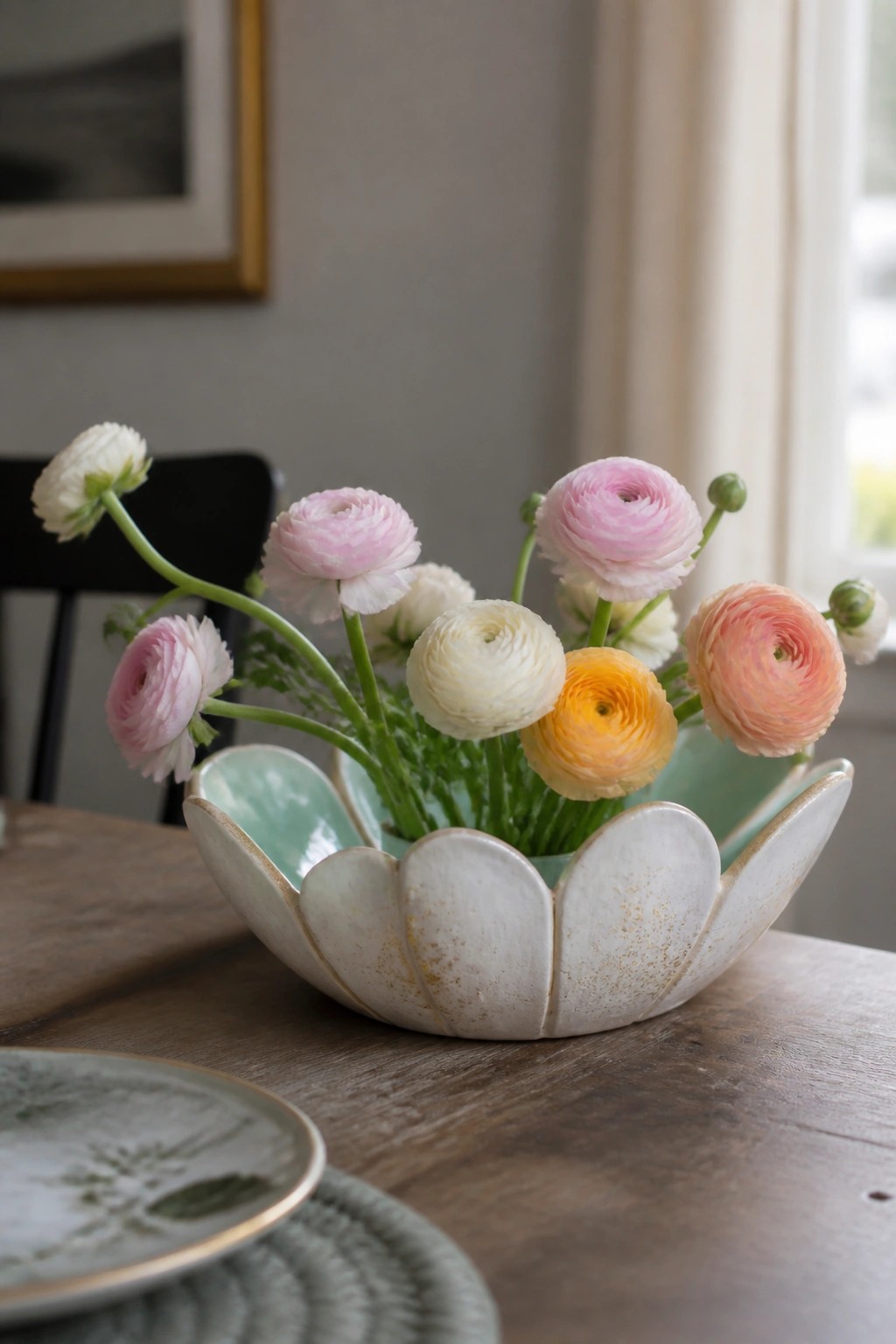 Pastel ranunculus flowers in a white scalloped ceramic bowl on wooden table