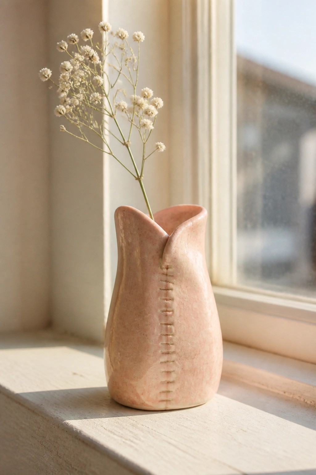 Pink ceramic vase with stitched seam holding white flowers on sunlit windowsill
