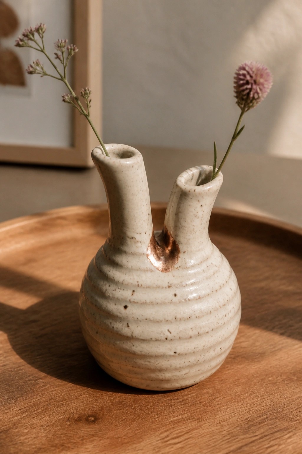 Ceramic double-spouted vase with gold accent holding purple flowers on wooden tray