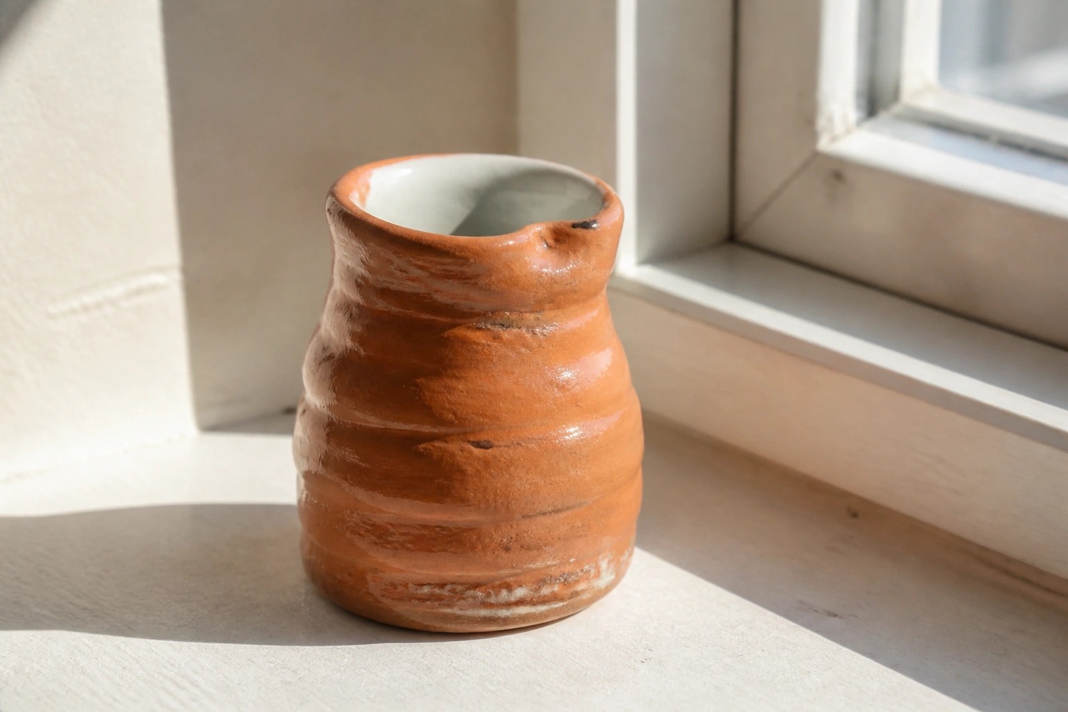 Small glazed terracotta ribbed ceramic pitcher on sunlit white windowsill