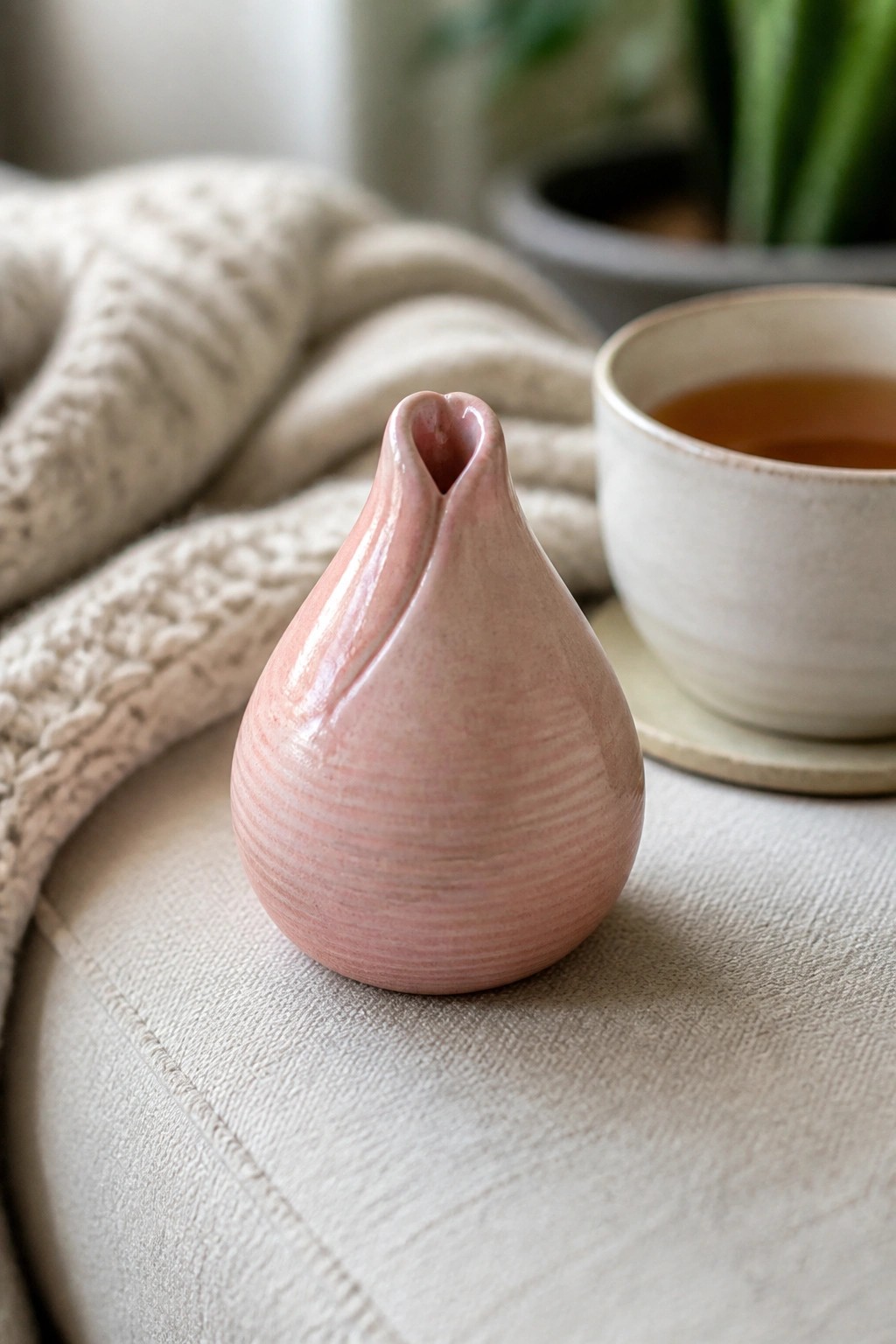 Pink ribbed ceramic vase beside teacup on beige couch with knitted blanket.