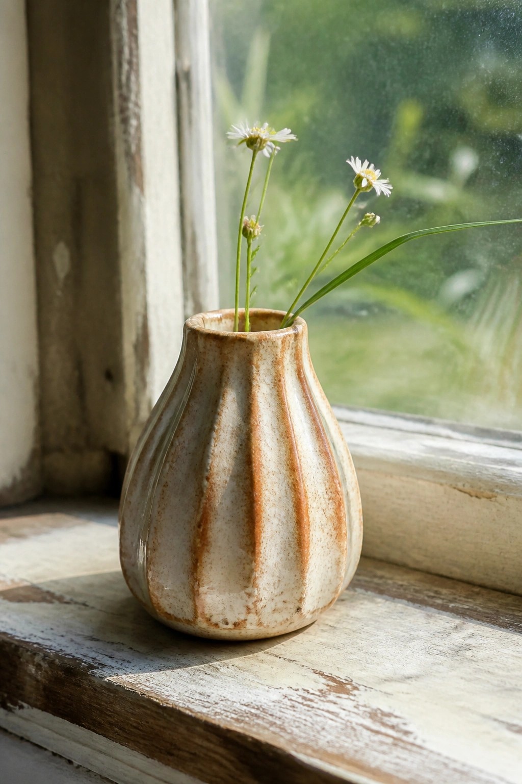 Brown and white ribbed vase with daisies on weathered wooden windowsill