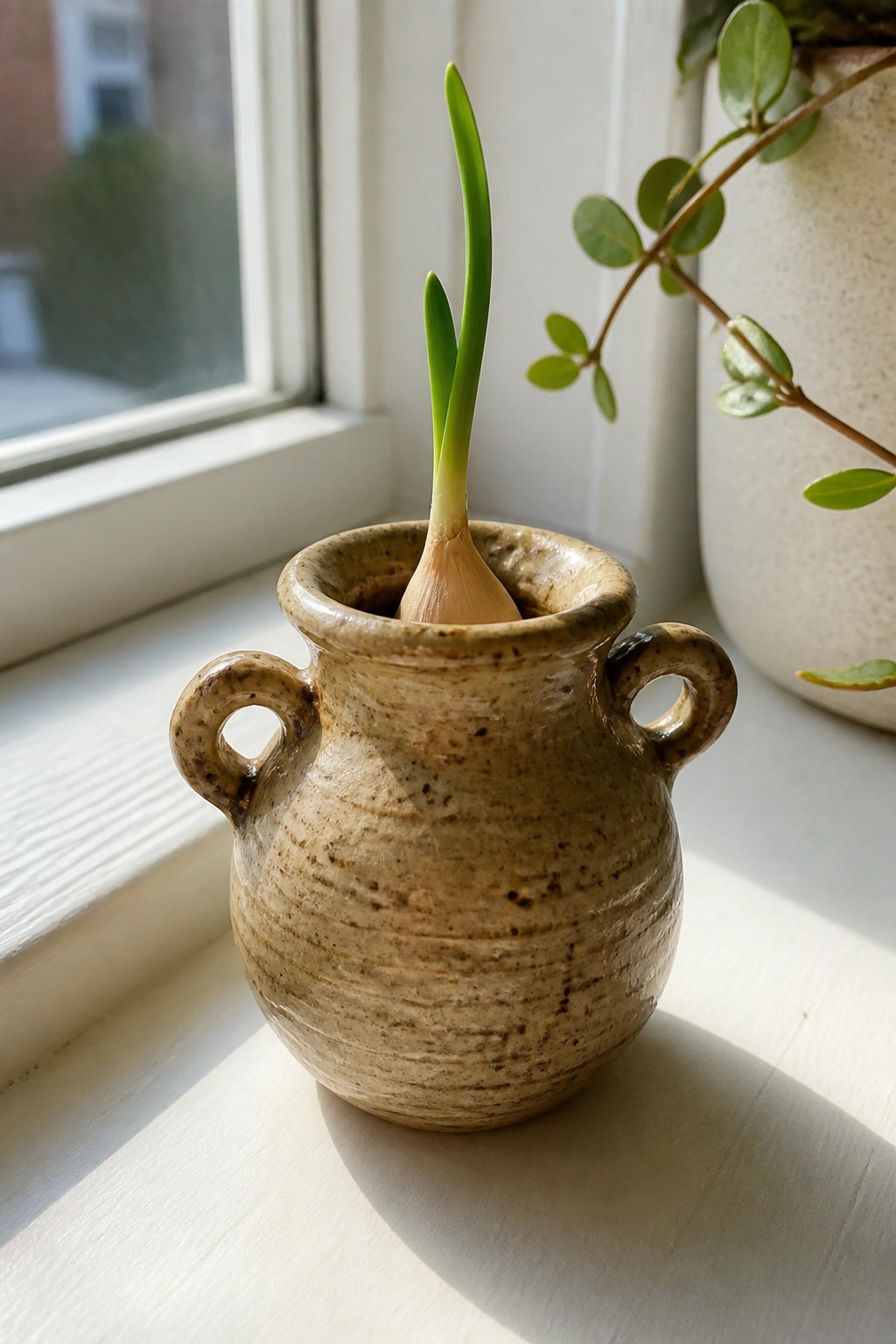 Sprouting garlic in speckled ceramic pot with handles on sunny windowsill