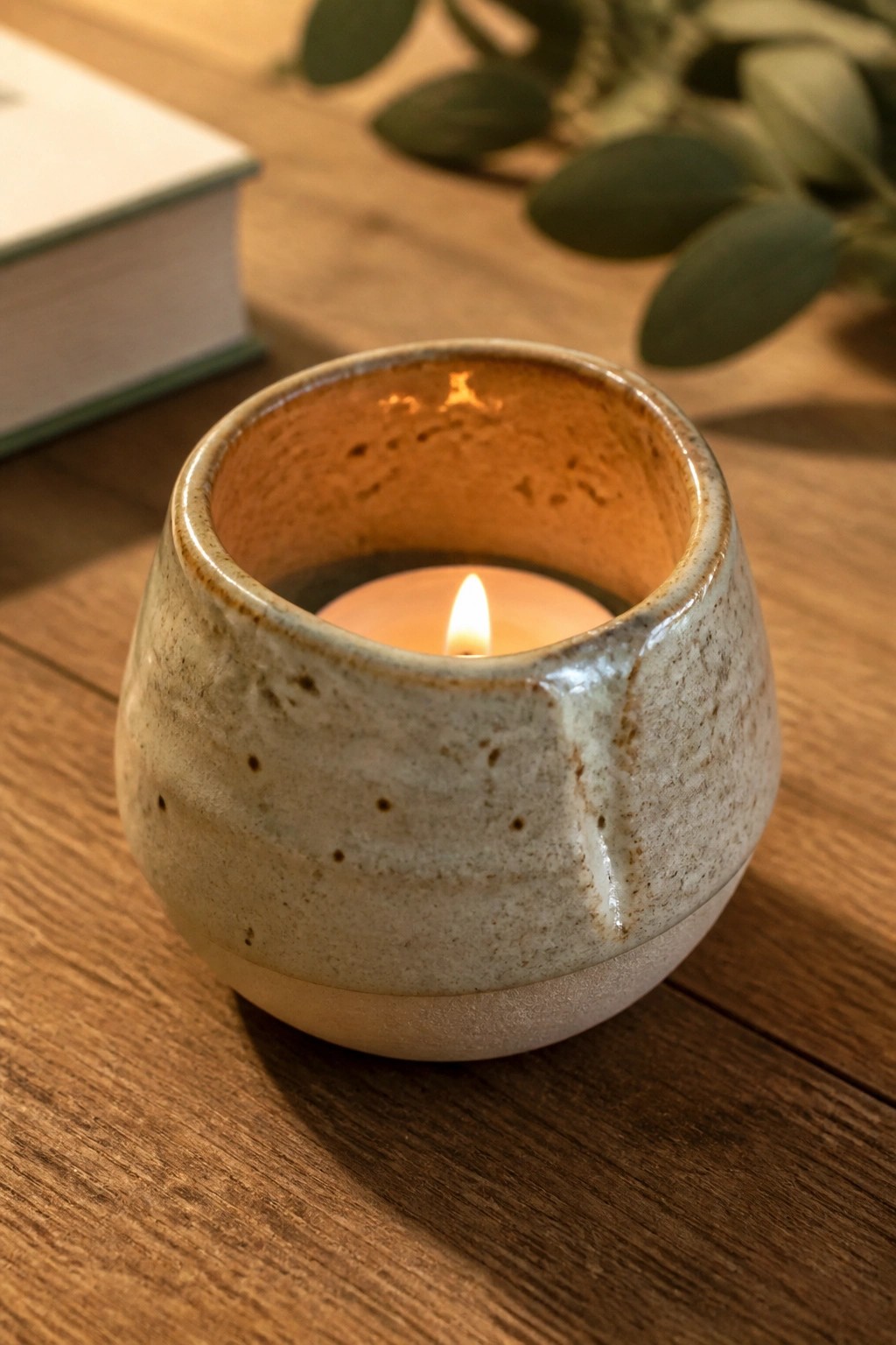 Lit candle glowing in rustic speckled ceramic holder on wooden table.