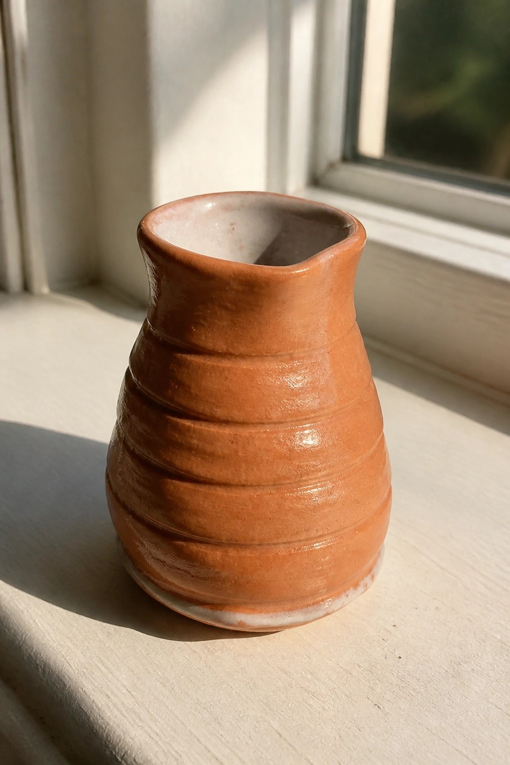 Small glazed terracotta ribbed ceramic pitcher on sunlit white windowsill