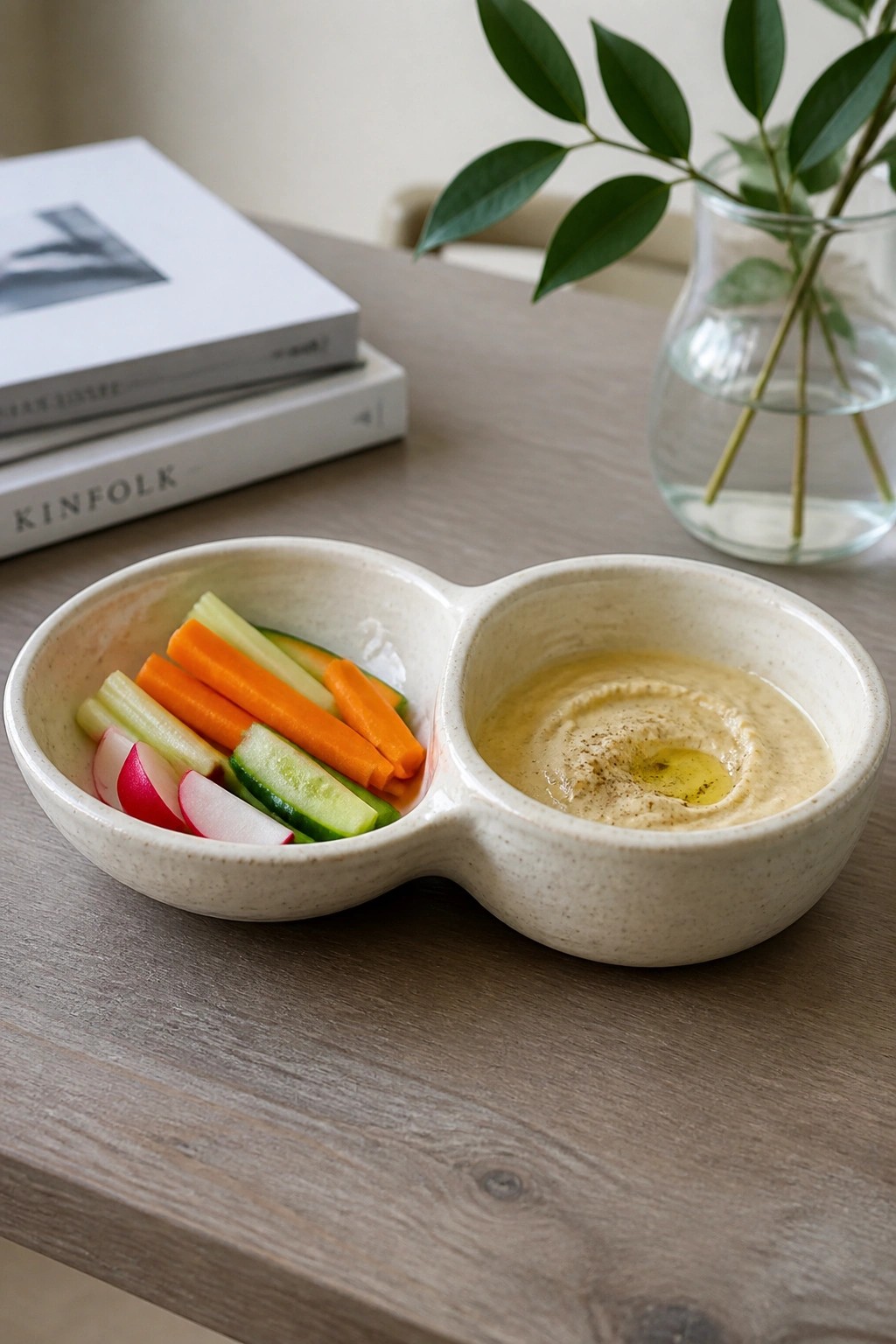 Ceramic divided bowl with hummus dip and fresh vegetable sticks on wooden table