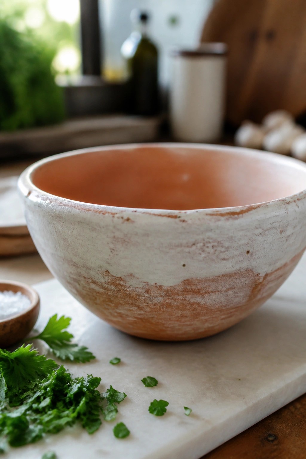 Rustic ceramic bowl with terracotta interior on marble beside fresh herbs and salt.