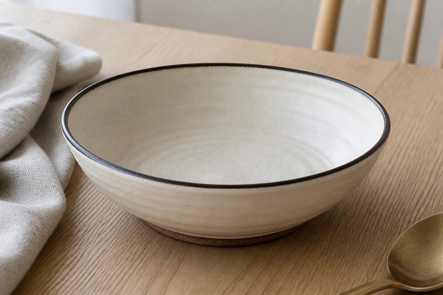 Cream ceramic bowl with black rim on wooden table beside gold spoon and linen cloth.