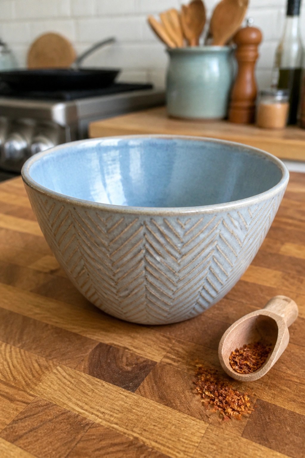 Light blue ceramic bowl with herringbone pattern beside scoop of red pepper flakes on wood