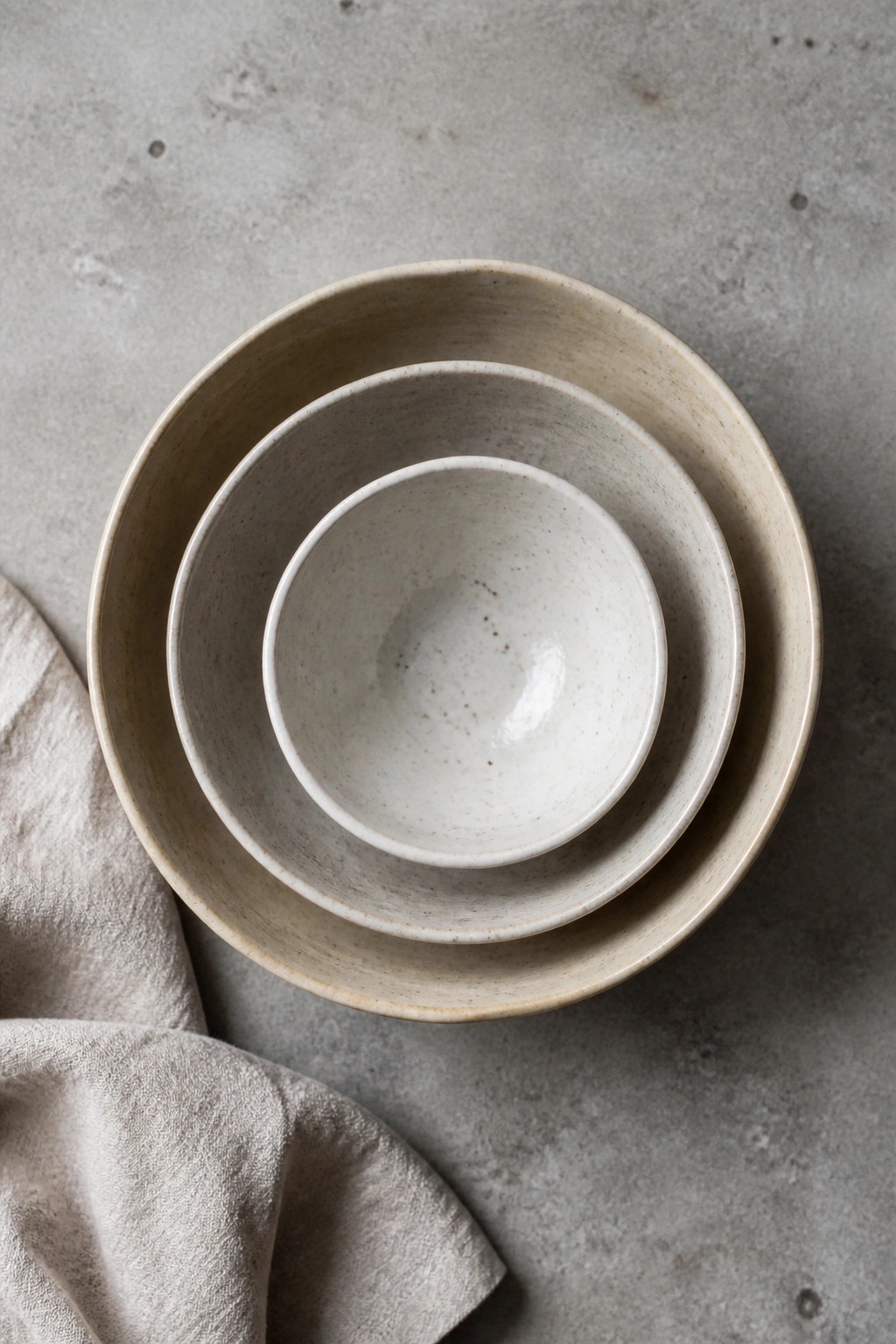 Three nested speckled ceramic bowls on gray concrete beside linen cloth