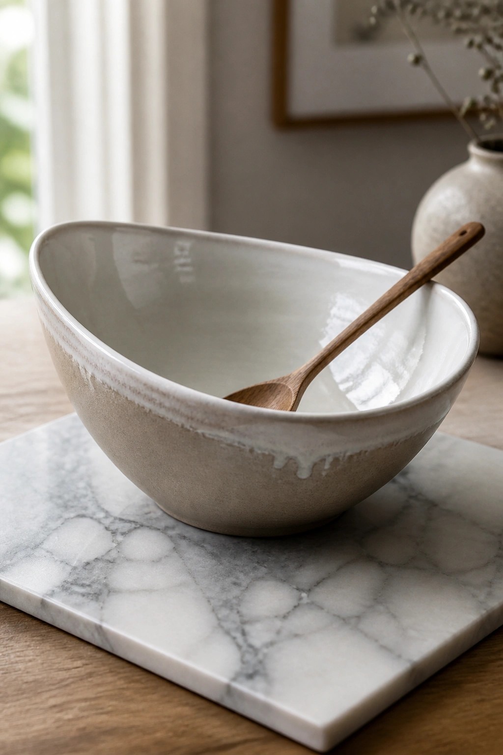 Beige ceramic bowl with wooden spoon on gray marble tray on wood table.