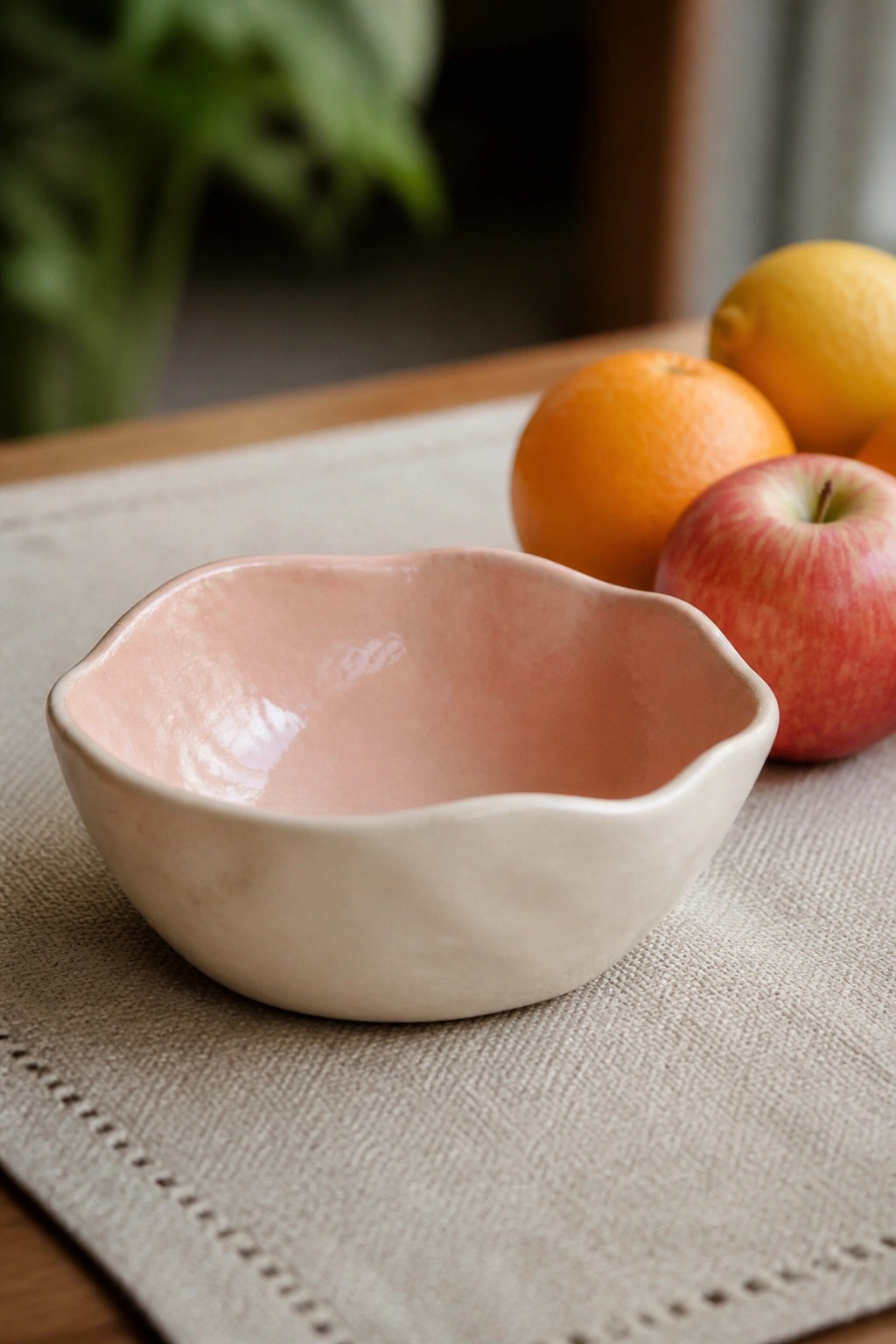 Pink ceramic bowl on beige placemat beside orange, apple, and lemon on table