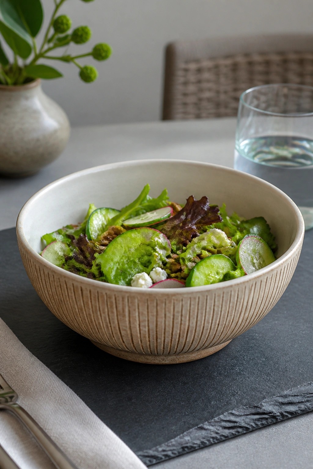 Fresh salad with cucumbers and radishes in ribbed beige bowl on dark slate mat