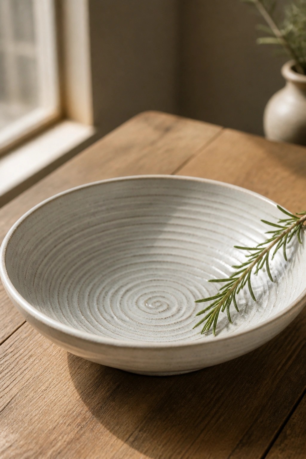 Light gray ridged ceramic bowl with rosemary sprig on wooden table