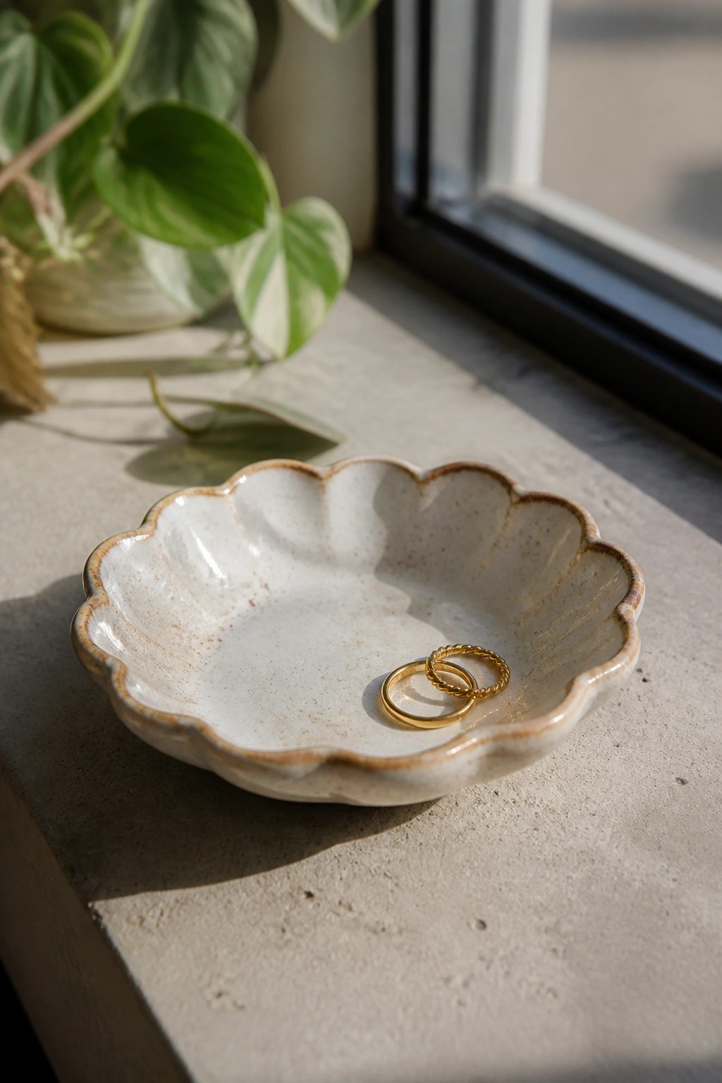 Scalloped ceramic bowl holding two gold rings on a sunlit windowsill near a plant