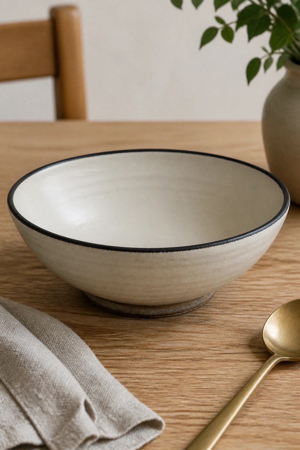Cream ceramic bowl with black rim on wooden table beside gold spoon and linen cloth.