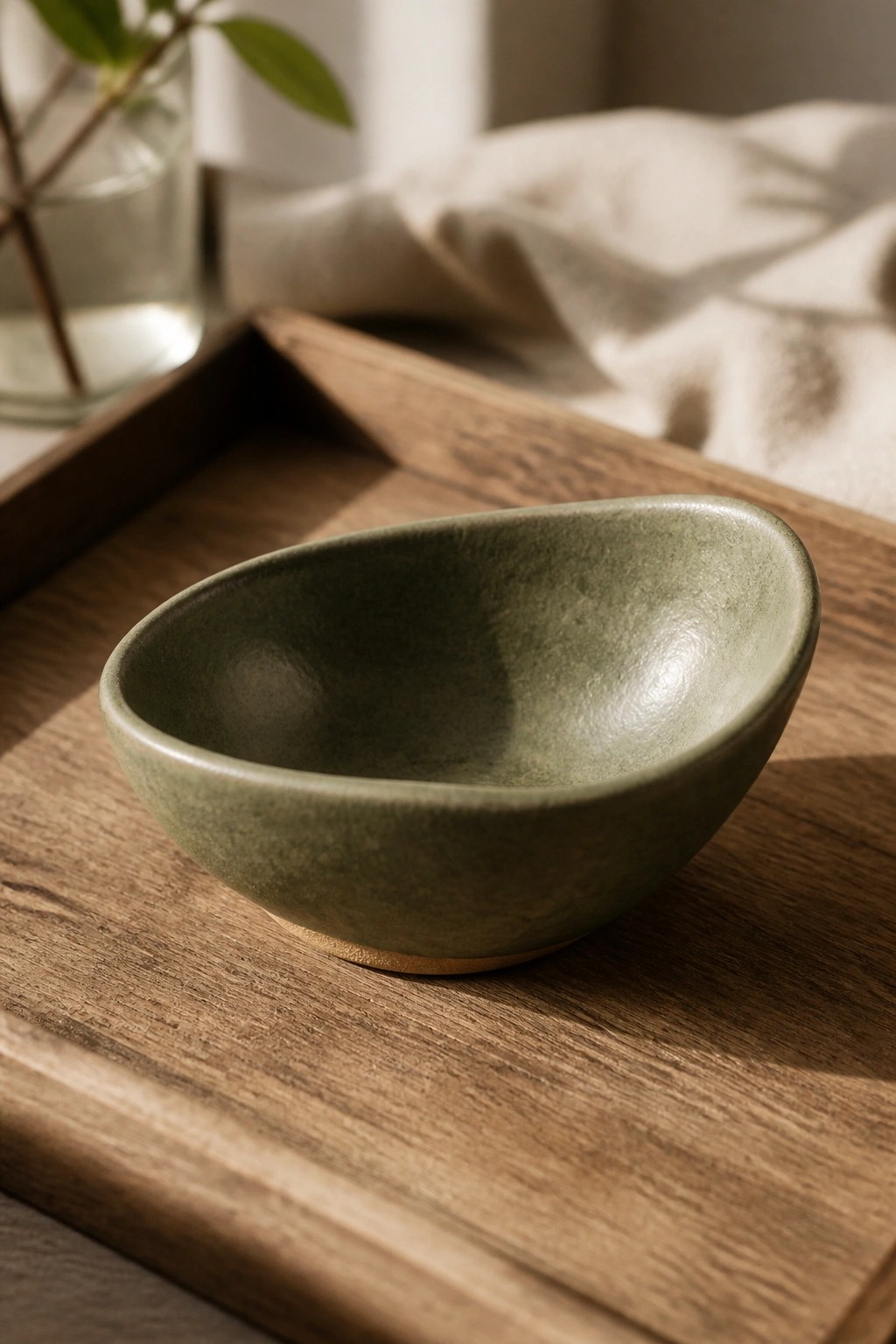 Green ceramic bowl on wooden tray beside glass vase with plant stem