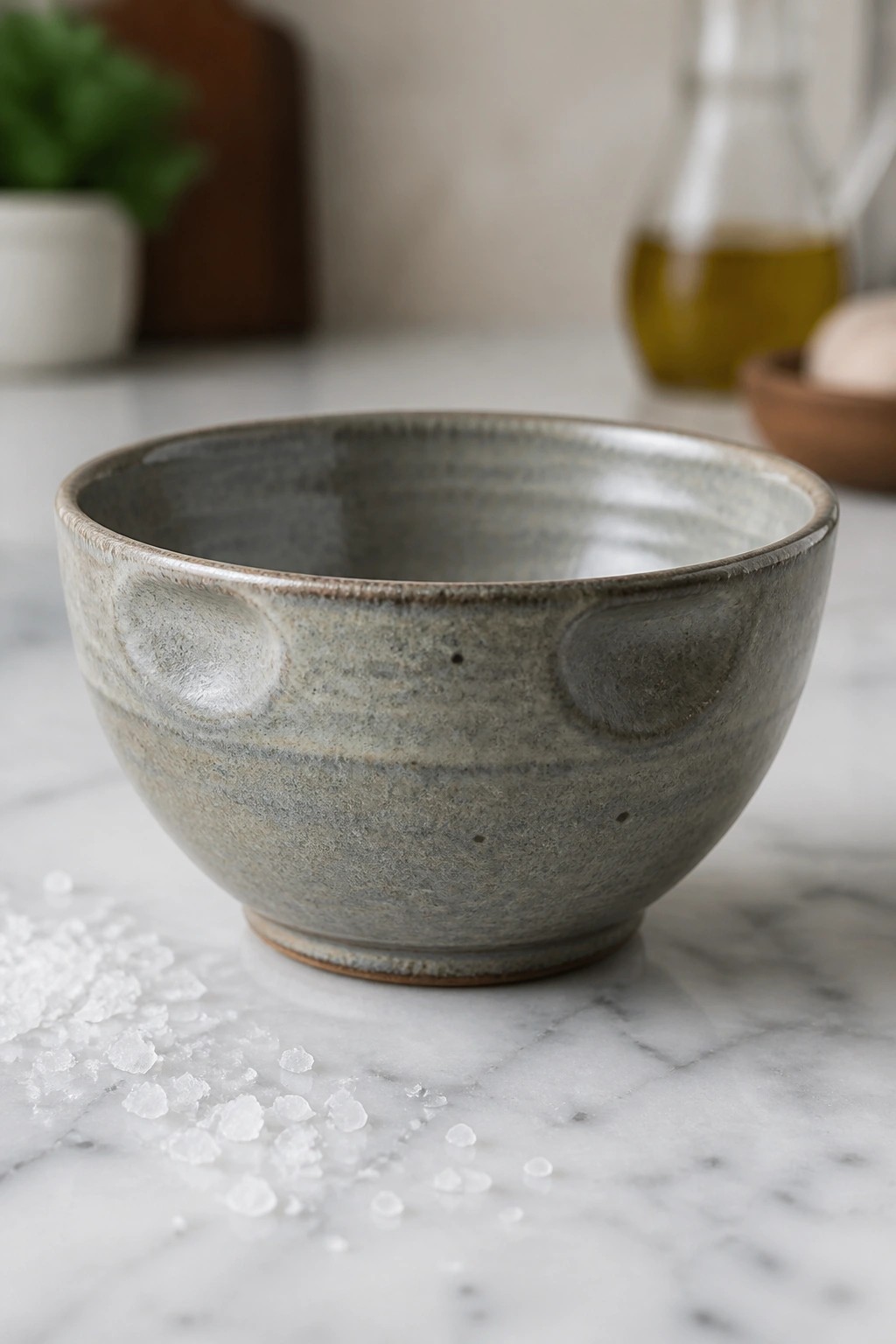 Gray ceramic bowl on marble with scattered coarse salt crystals nearby