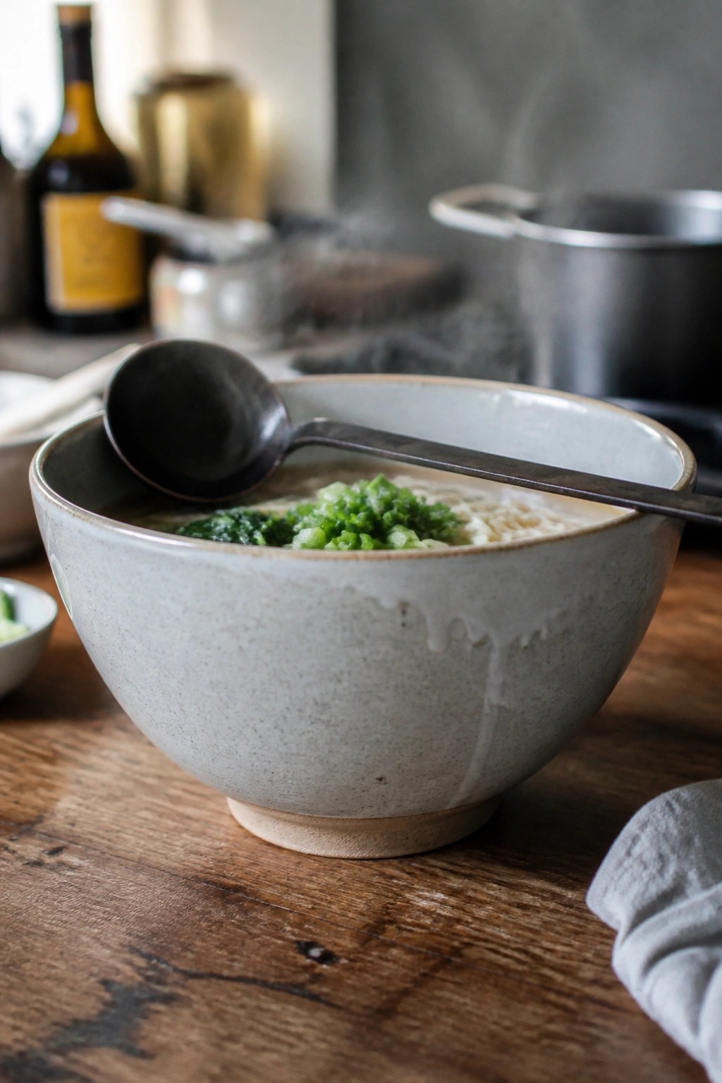 Gray ceramic bowl of creamy soup with green garnish and ladle on wooden table